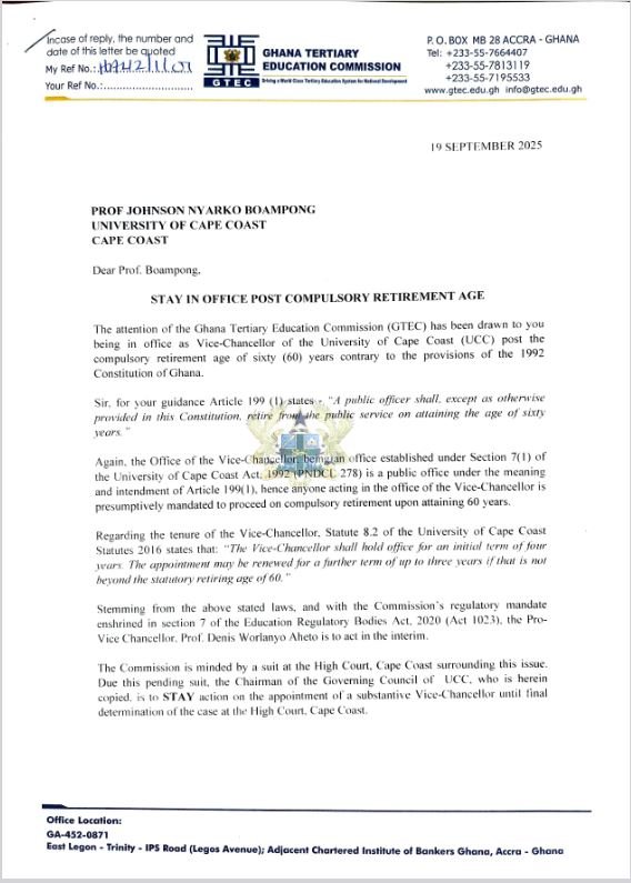 GTEC orders UCC Vice-Chancellor to retire